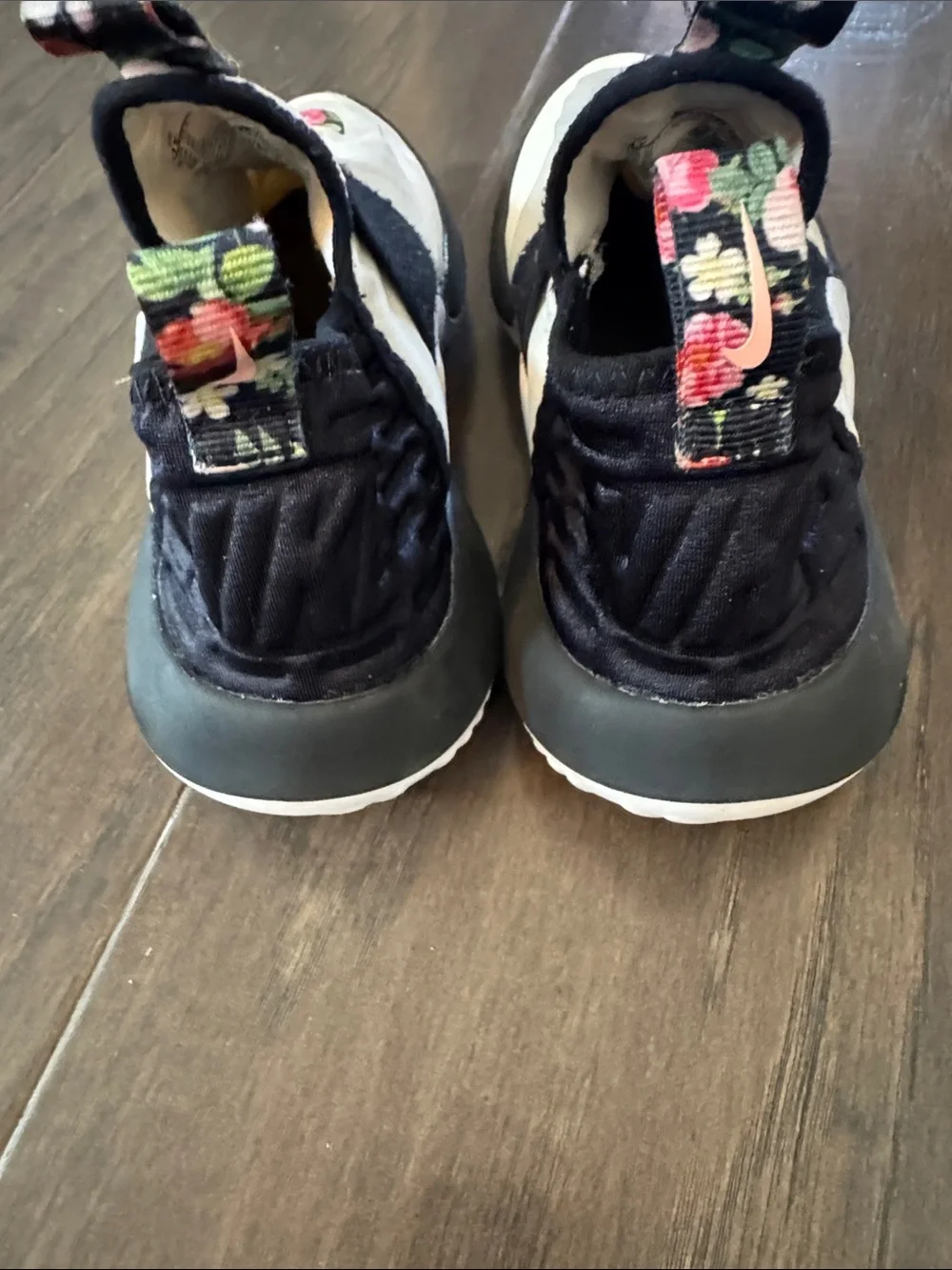 Nike Kids Slip-On Sneakers with Floral Swoosh - White, Black & Pink